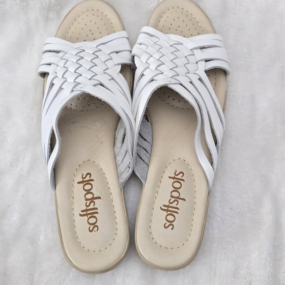 Softspots White Woven Leather Slide Flat Sandal Sz‎ 8N Beach Coastal Summer Shoe - Picture 5 of 7